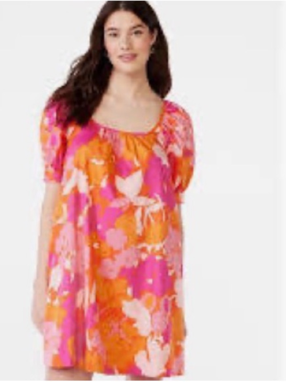 Ladies scoop neck Bright Floral Puff-Sleeve Dress in Pink & Orange